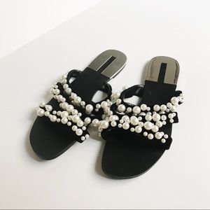 Zara pearl embellished velvet slide sandals